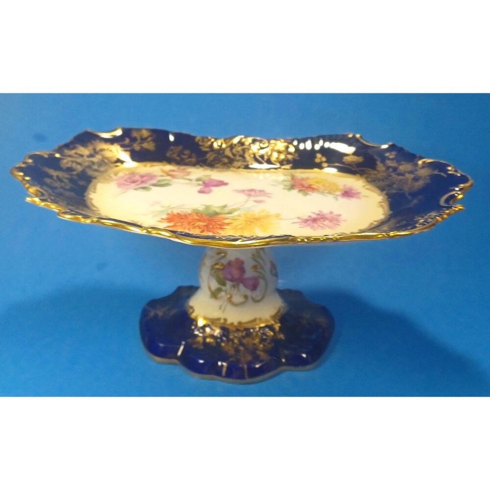 Hammersley Victorian Porcelain Oval Cobalt Blue Gold Pedestal Dessert Compote